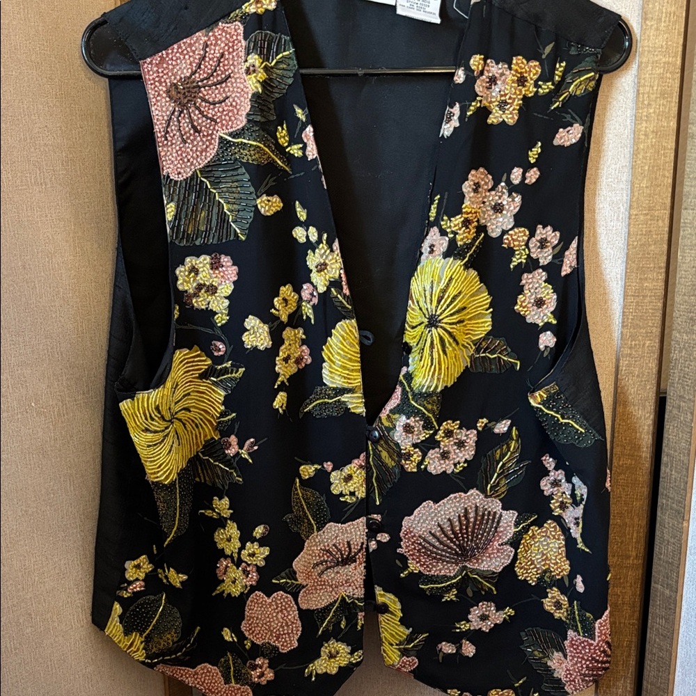 FINAL MARKDOWNBlack Silk Floral Embroidered and Beaded Vest Large
